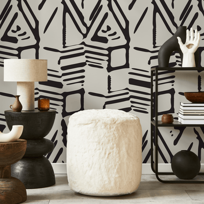 Abstract Wallpaper with a Bold Block Print Motif in Black and Beige - C568 - Decor Addict, LLC