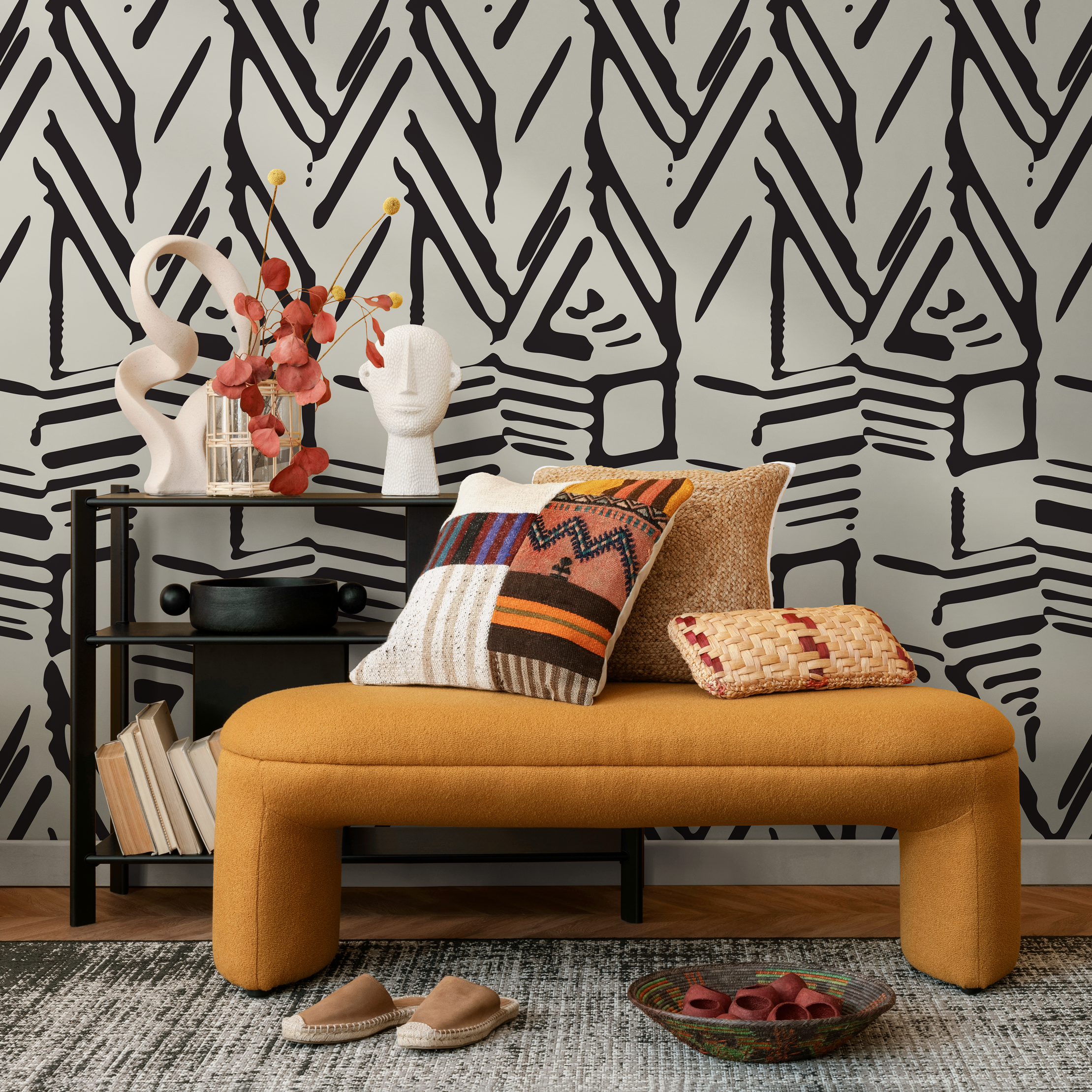 Abstract Wallpaper with a Bold Block Print Motif in Black and Beige - C568 - Decor Addict, LLC