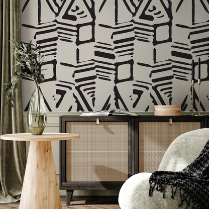 Abstract Wallpaper with a Bold Block Print Motif in Black and Beige - C568 - Decor Addict, LLC