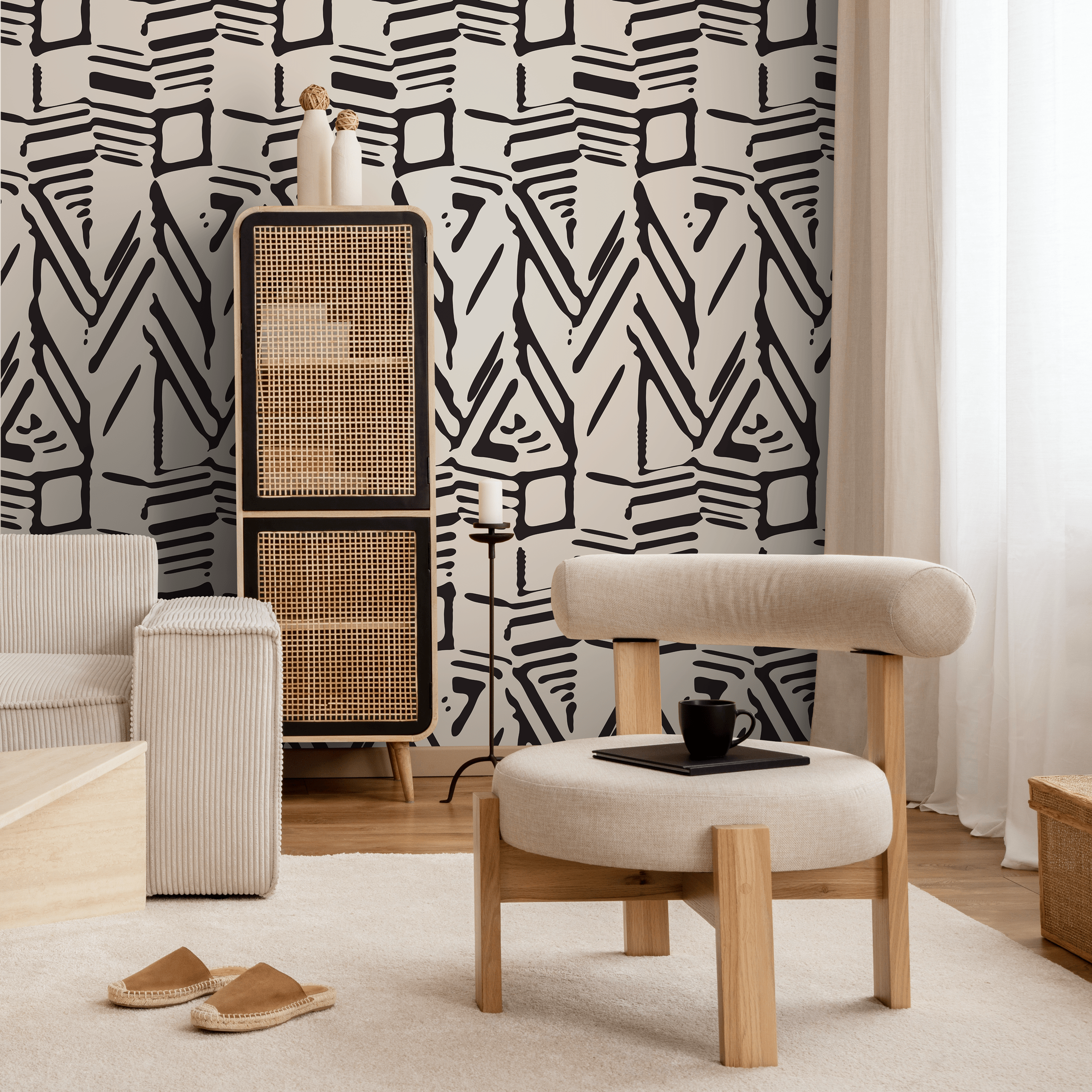 Abstract Wallpaper with a Bold Block Print Motif in Black and Beige - C568 - Decor Addict, LLC