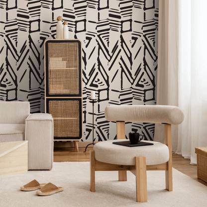 Abstract Wallpaper with a Bold Block Print Motif in Black and Beige - C568 - Decor Addict, LLC