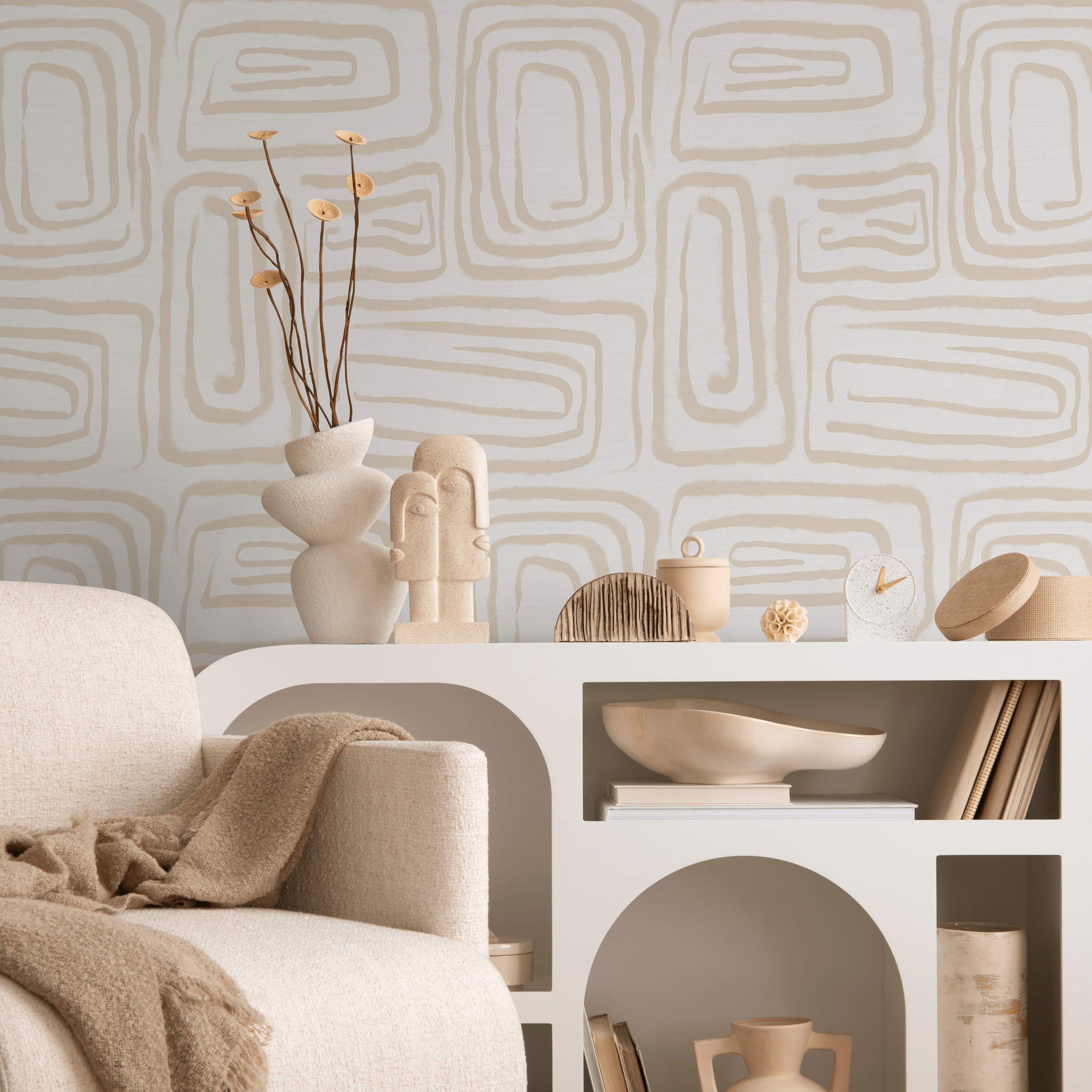Abstract Wallpaper with a Brush Stroke Labyrinth in Beige - C641 - Decor Addict, LLC