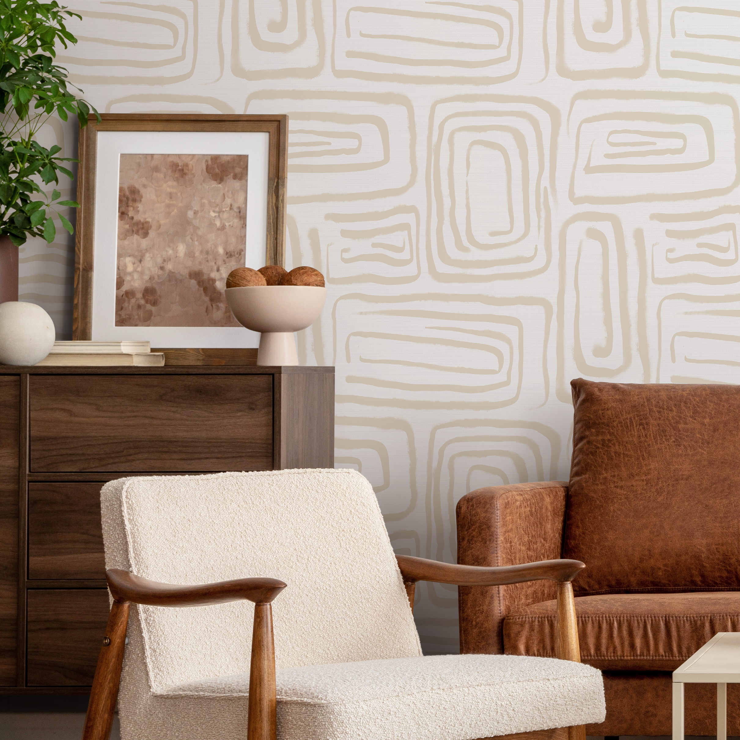Abstract Wallpaper with a Brush Stroke Labyrinth in Beige - C641 - Decor Addict, LLC