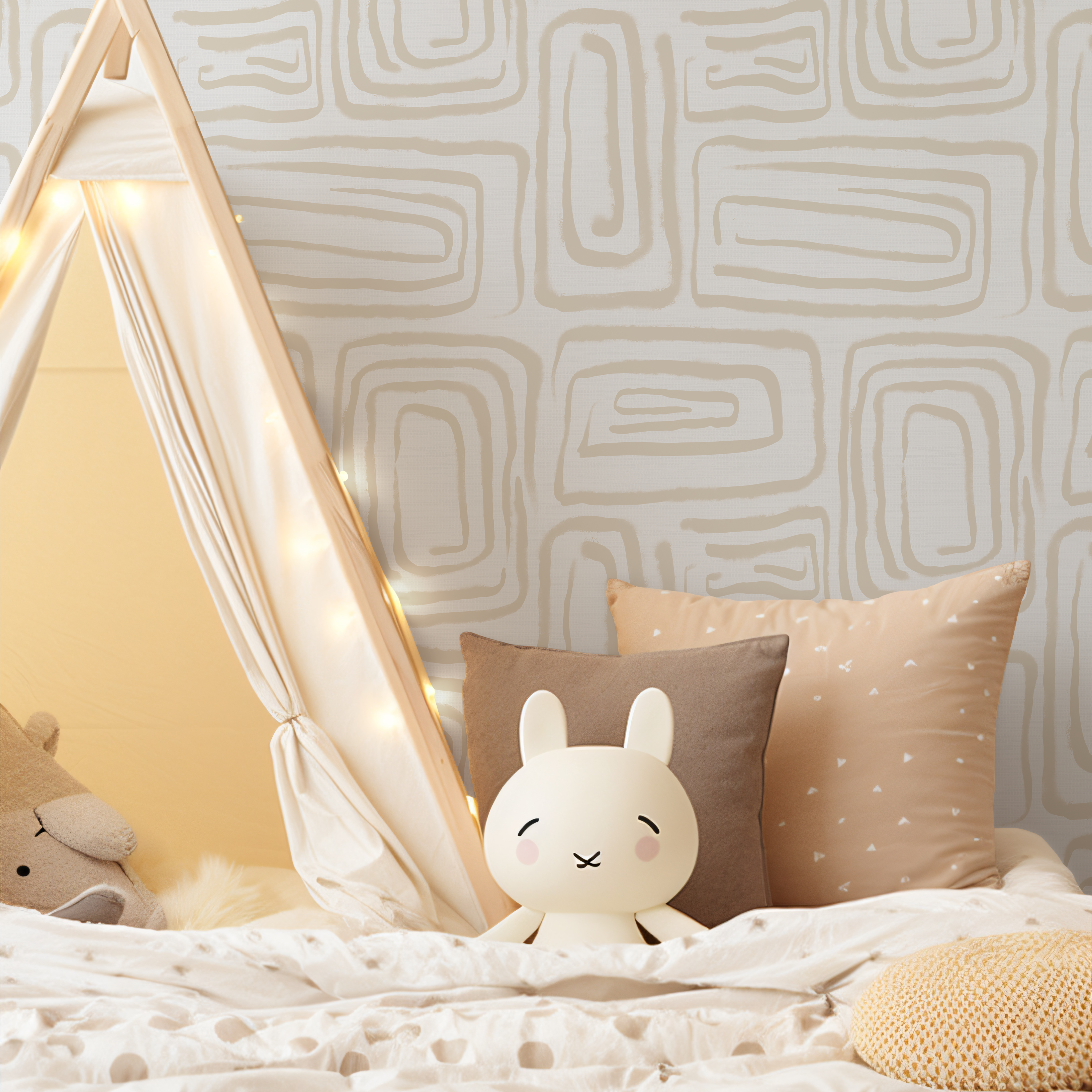 Abstract Wallpaper with a Brush Stroke Labyrinth in Beige - C641 - Decor Addict, LLC