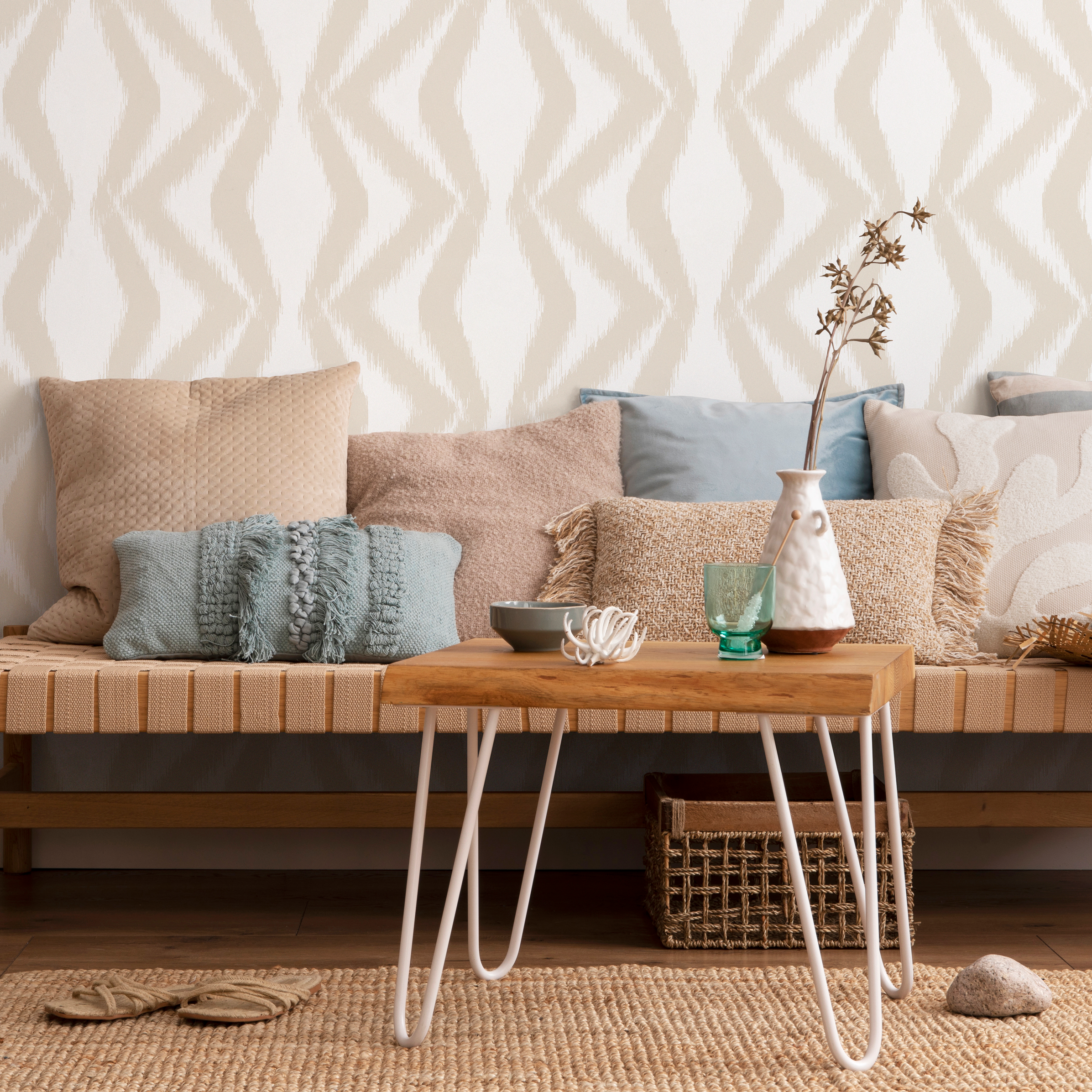 Abstract Wallpaper with a Boho Ikat Motif in Beige and White - C754 - Decor Addict, LLC