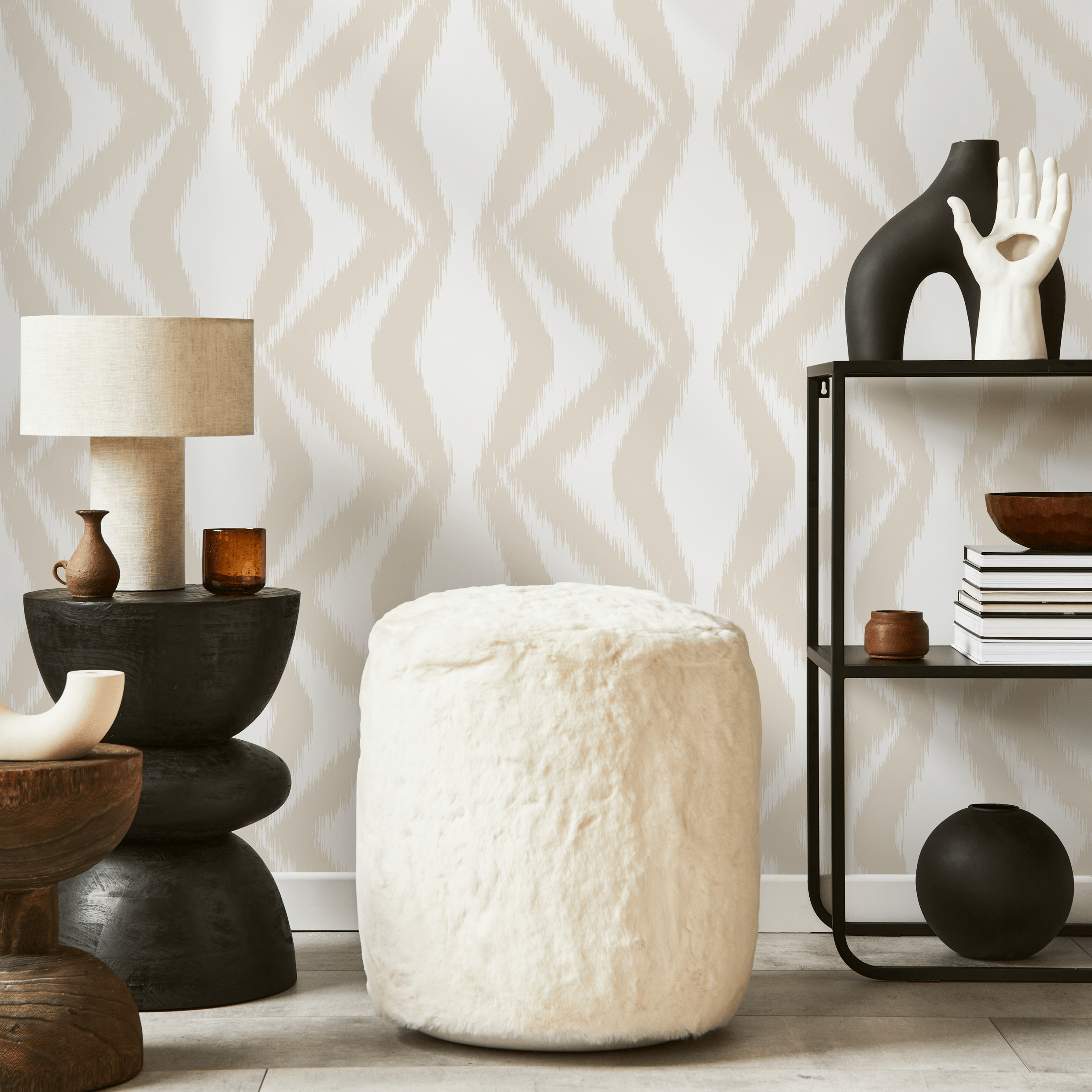 Abstract Wallpaper with a Boho Ikat Motif in Beige and White - C754 - Decor Addict, LLC