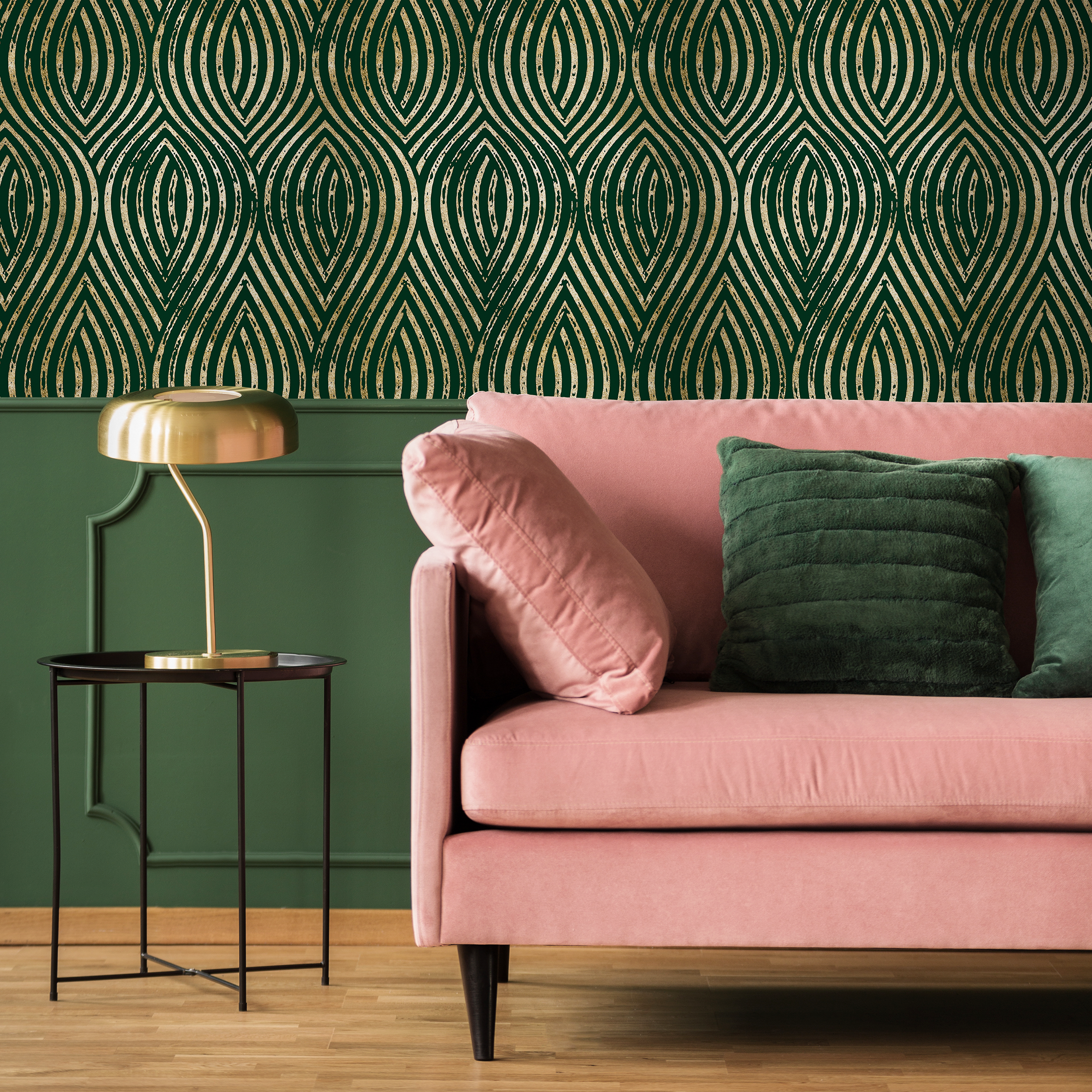 Art Deco Wallpaper with Distressed Gold Arches in Green and Gold - C878 - Decor Addict, LLC