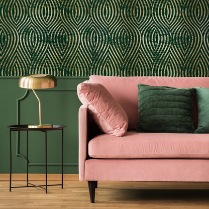 Art Deco Wallpaper with Distressed Gold Arches in Green and Gold - C878 - Decor Addict, LLC