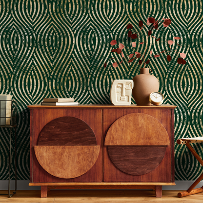 Art Deco Wallpaper with Distressed Gold Arches in Green and Gold - C878 - Decor Addict, LLC