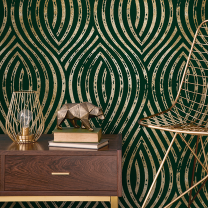Art Deco Wallpaper with Distressed Gold Arches in Green and Gold - C878 - Decor Addict, LLC