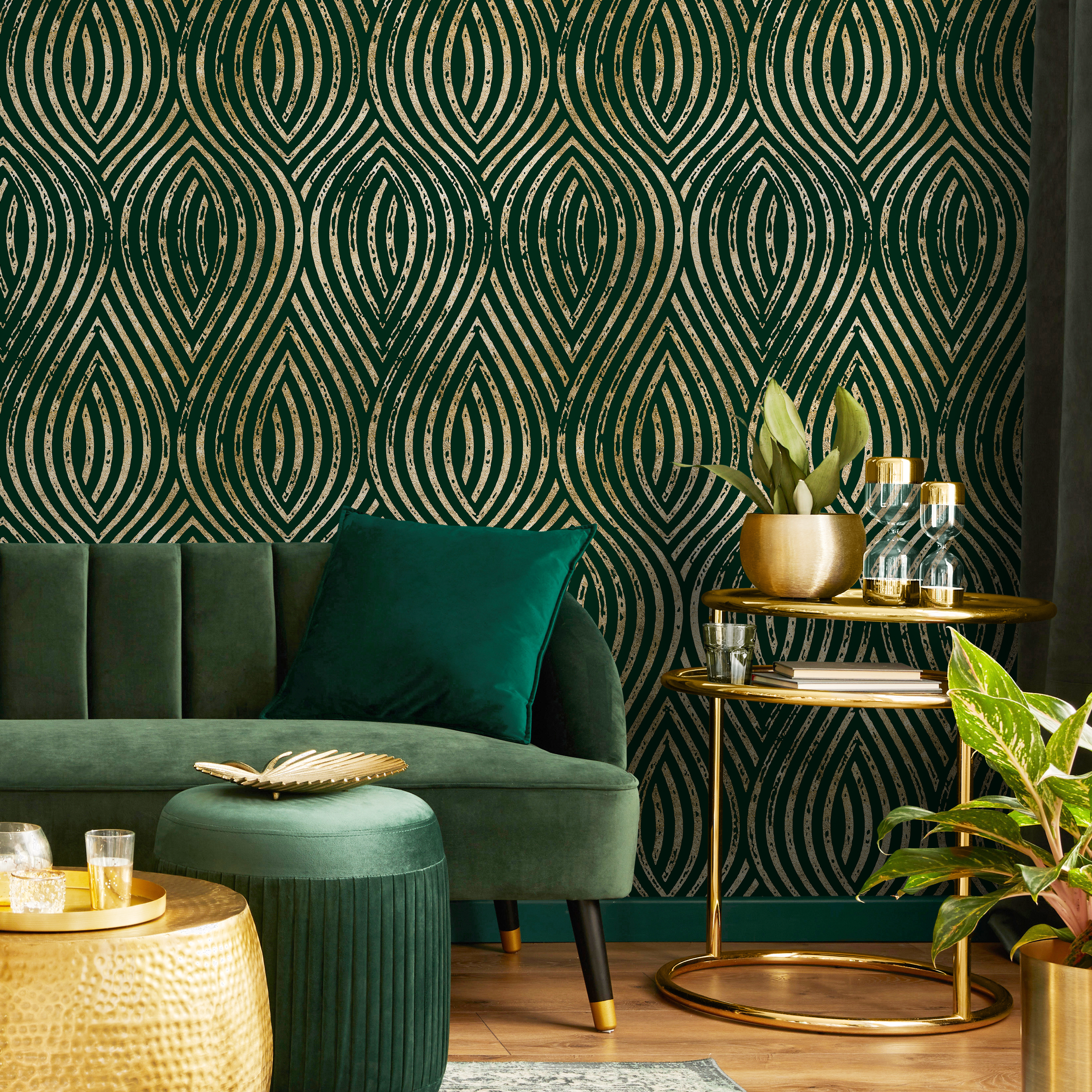 Art Deco Wallpaper with Distressed Gold Arches in Green and Gold - C878 - Decor Addict, LLC