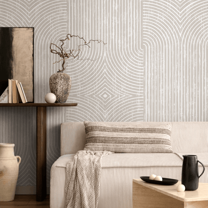 Abstract Wallpaper with Distressed Arches and Lines in Beige and Cream - C927 - Decor Addict, LLC