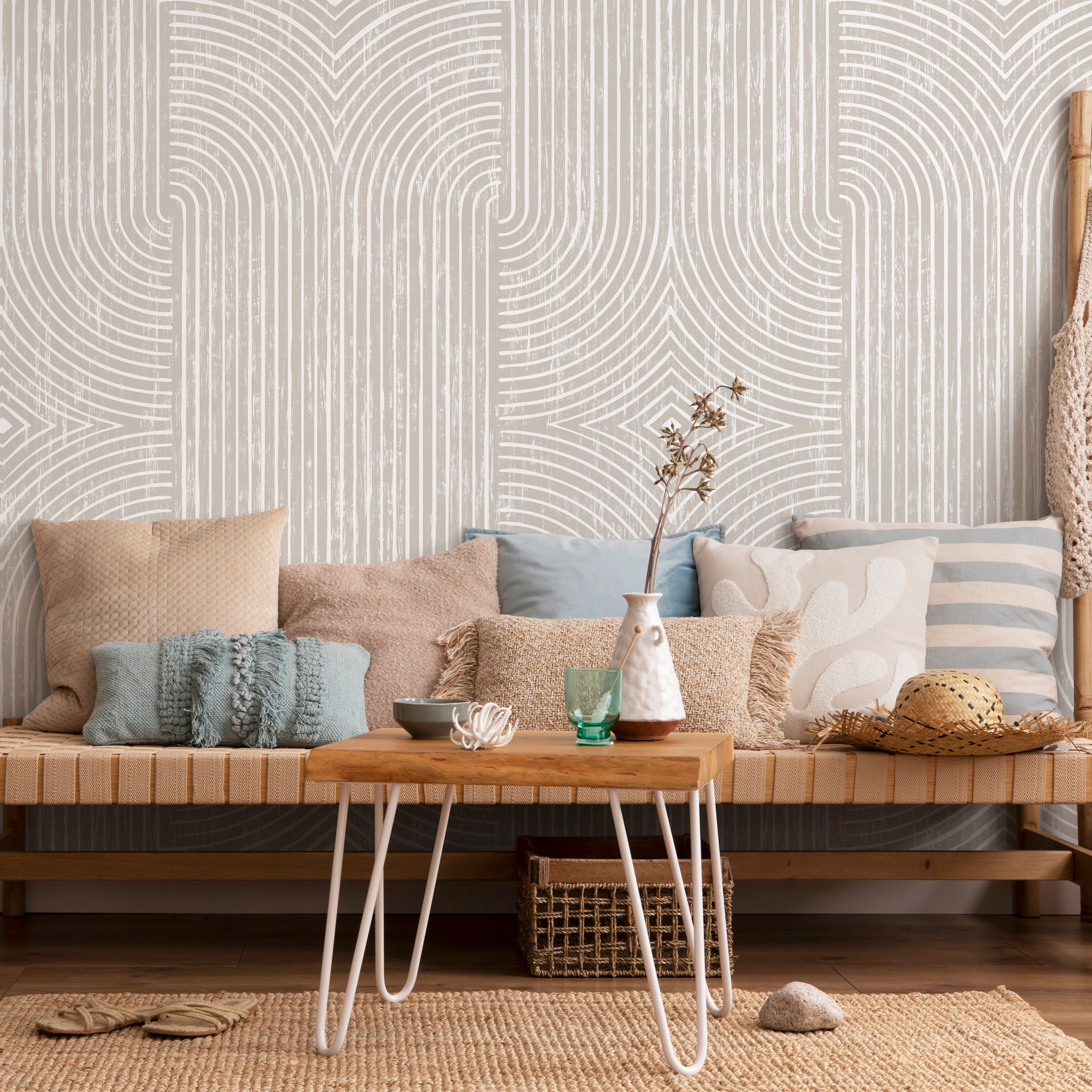 Abstract Wallpaper with Distressed Arches and Lines in Beige and Cream - C927 - Decor Addict, LLC