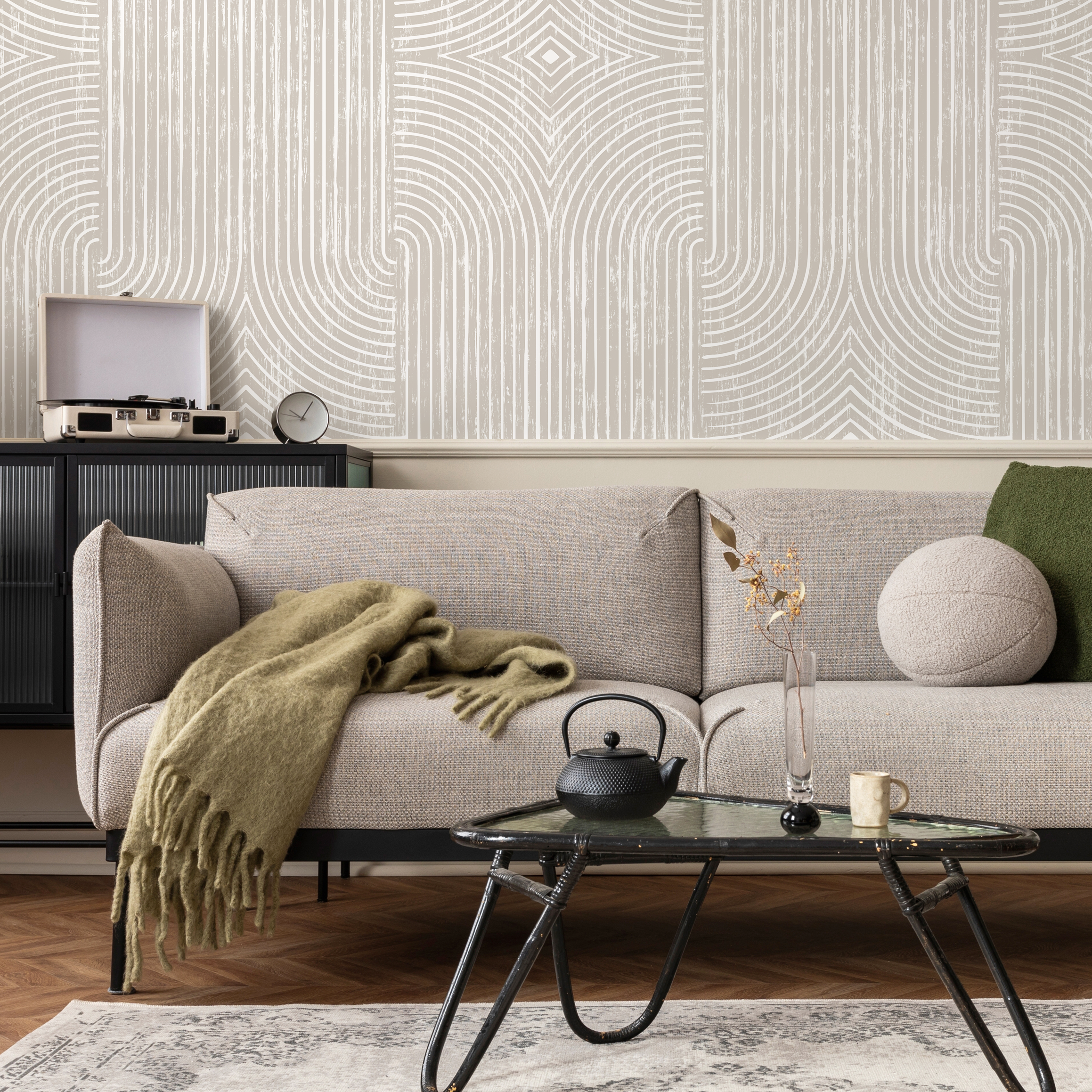Abstract Wallpaper with Distressed Arches and Lines in Beige and Cream - C927 - Decor Addict, LLC