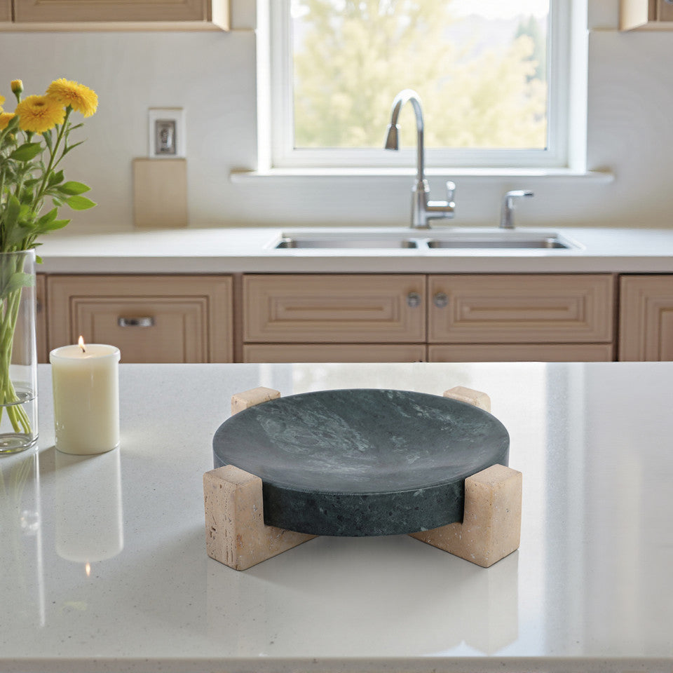 12" Archer Small Green Marble and Travertine Tray - Decor Addict, LLC