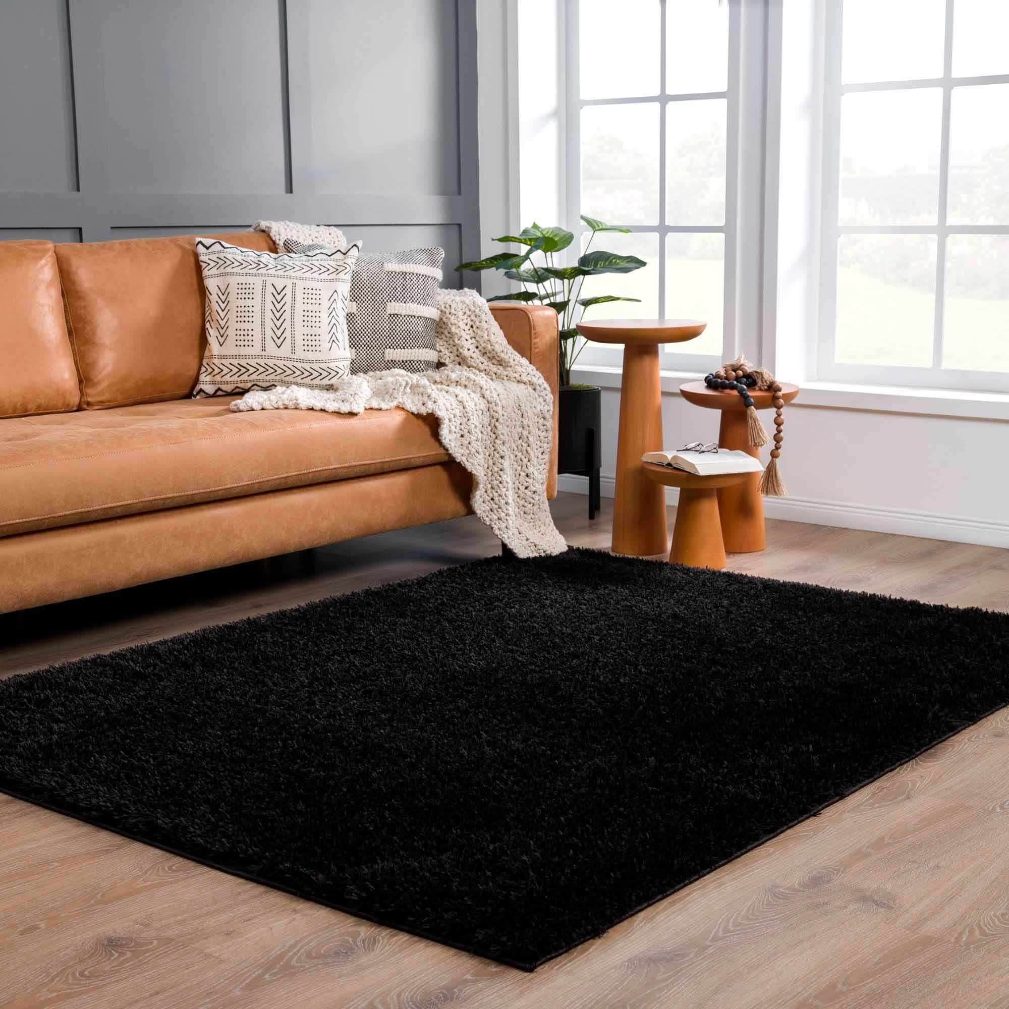 Faina Solid Black Shag Rug Washable - Decor Addict, LLC