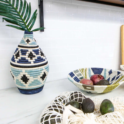 12" Large Silver Blue Biko Round Basket - Decor Addict, LLC