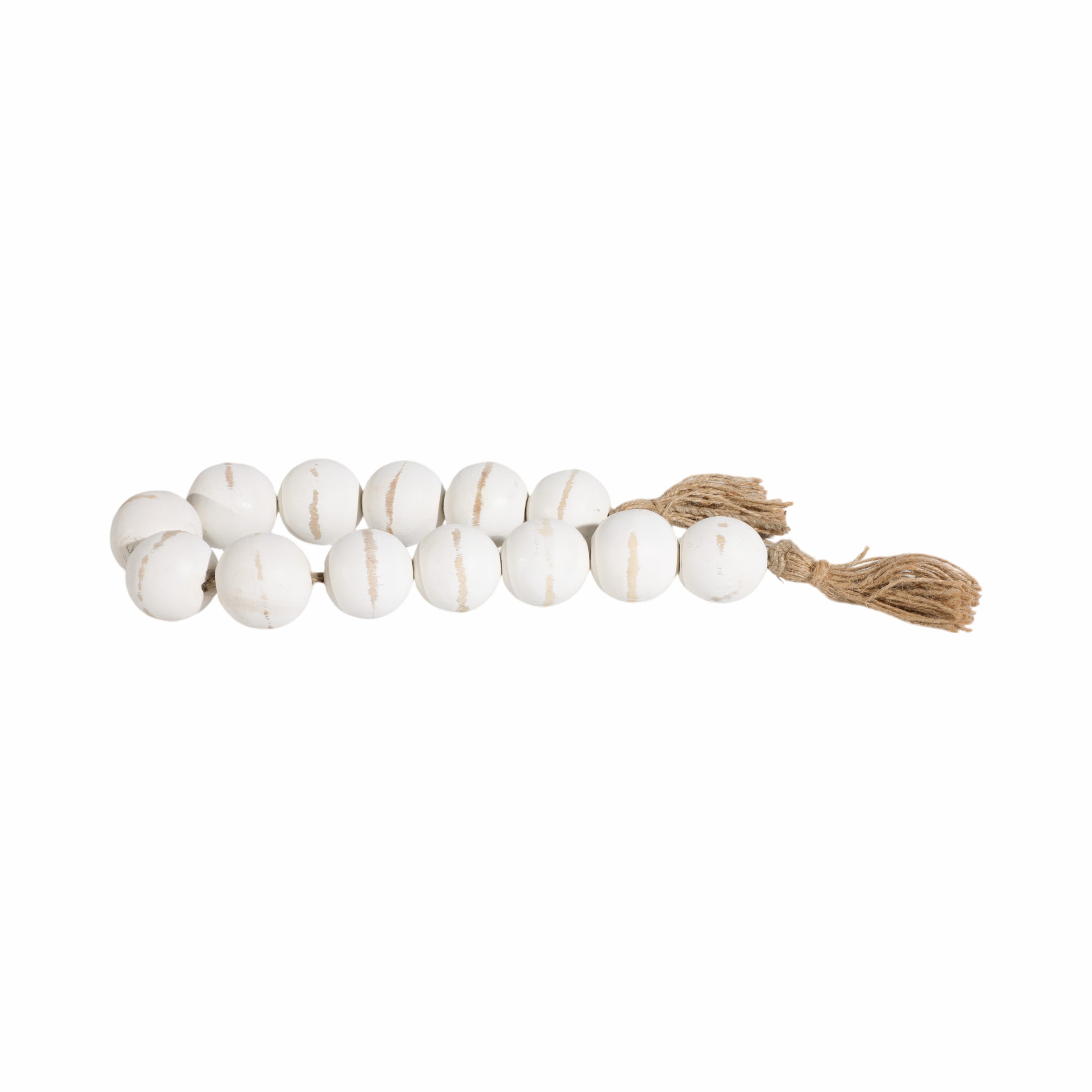 Wood, 32"l, 2"lrg Bead Garland W/ Tassel, Wht Wash - Decor Addict, LLC