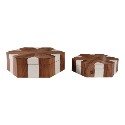 S/2 10/12" Wood Inlay Hexagon Boxes, Natural/white - Decor Addict, LLC
