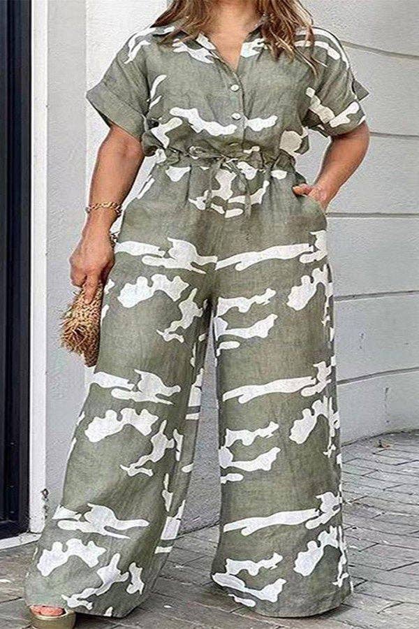Short Sleeve Belted Wide Leg Jumpsuit: Army Green / 3XL - Decor Addict, LLC