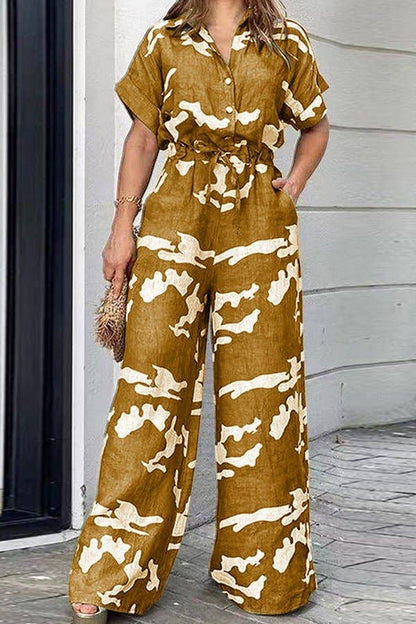 Short Sleeve Belted Wide Leg Jumpsuit: Army Green / 3XL - Decor Addict, LLC