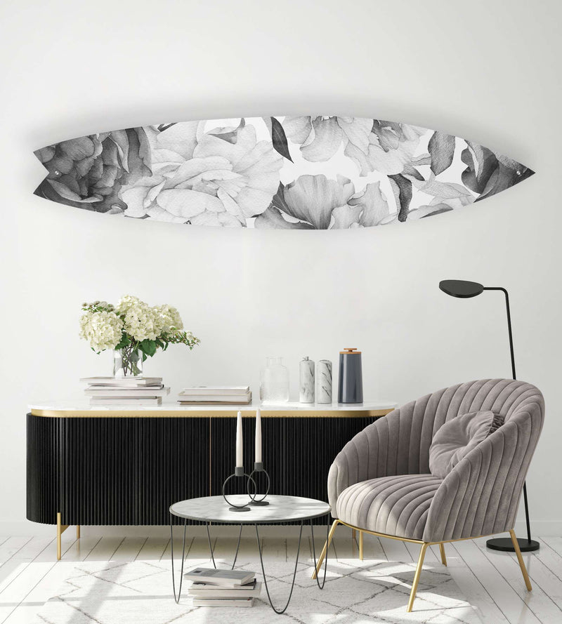 Black and White Peony Acrylic Surfboard Wall Art