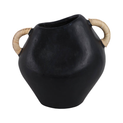 Black 10 in. Pottery Novelty Jug Vase with Rattan Handles - Decor Addict, LLC