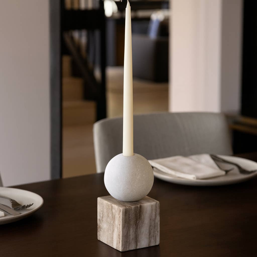 Taper Holder - Beige/White Marble Ball on Cube, 7 in.