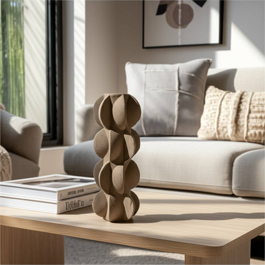 Decorative Vase - Tan Ceramic 3D Printed Textured, 14 in. - Decor Addict, LLC