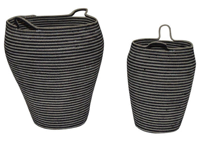 Set of 2 Natural & Black Cotton Woven Baskets w/ Handles: Cotton / Natural and Black - Decor Addict, LLC