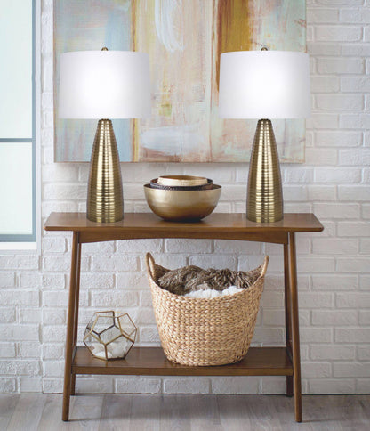 28" Metal Table Lamps ft. Ribbed Body Design (Set of 2): Gold Plated w/ Off-White Shades - Decor Addict, LLC