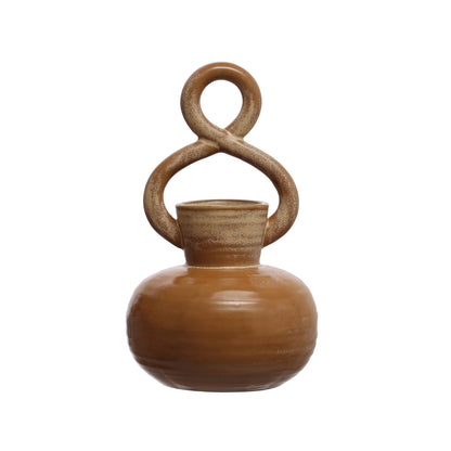Stoneware Vase w/ Twisted Handle, Reactive Glaze, Brown (Each One Will Vary)