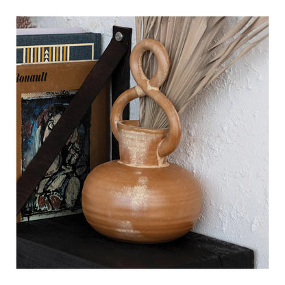 Stoneware Vase w/ Twisted Handle, Reactive Glaze, Brown (Each One Will Vary)