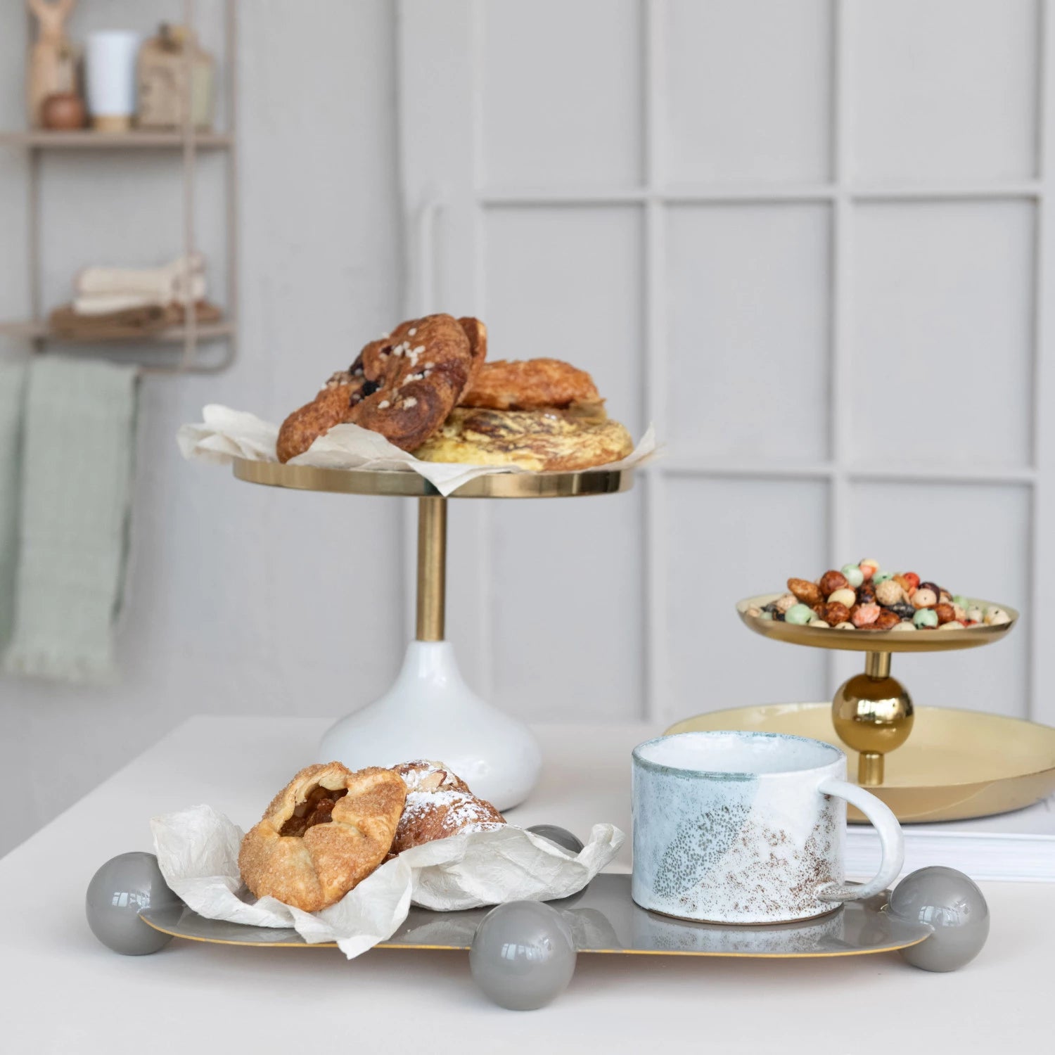 Enameled Metal Ball Footed Tray w/ Gold Finish Edge, Grey - Decor Addict, LLC