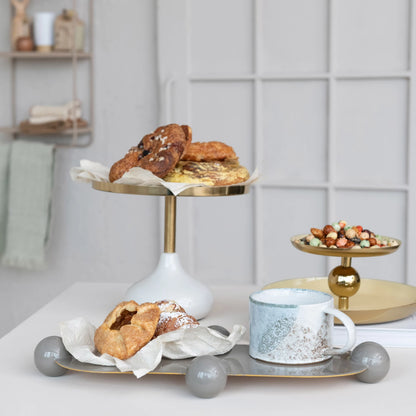 Enameled Metal Ball Footed Tray w/ Gold Finish Edge, Grey - Decor Addict, LLC