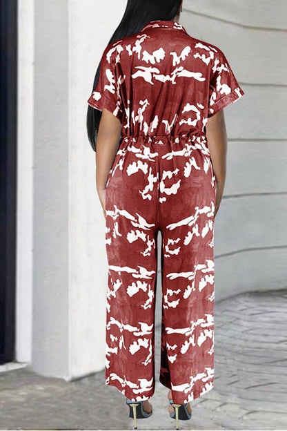 Short Sleeve Belted Wide Leg Jumpsuit: Apricot / 3XL - Decor Addict, LLC