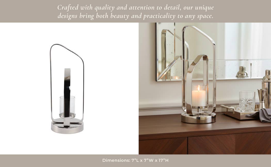 Candle Holder - Silver Metal Stylish Hurricane, 17 in. - Decor Addict, LLC