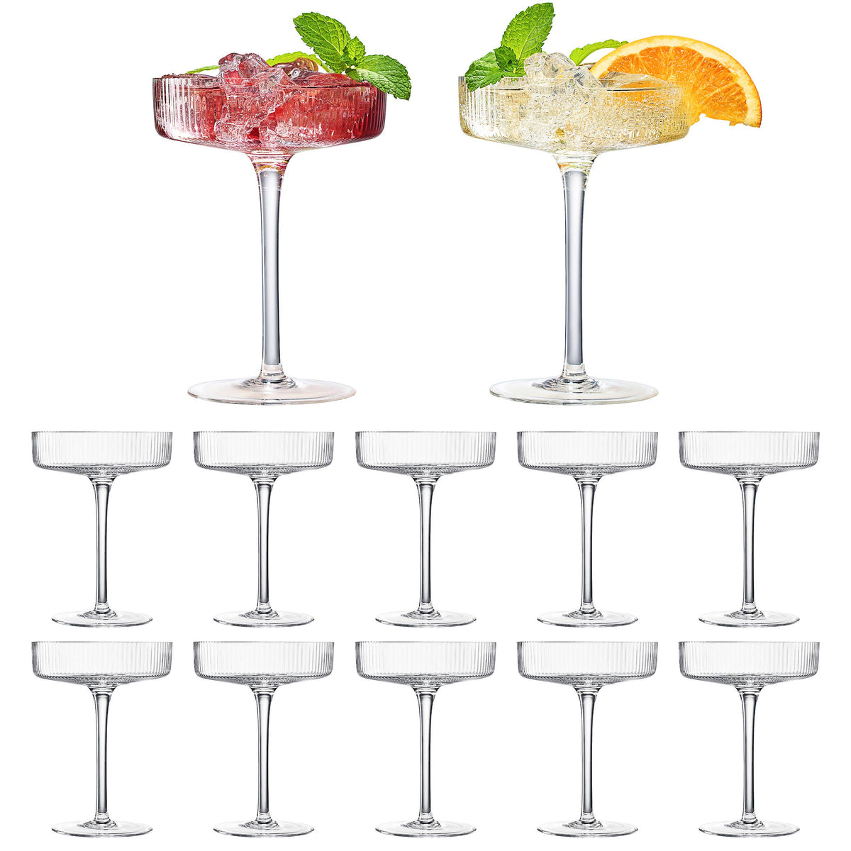 Ribbed Vintage Art Deco Coupe Glasses | Set of 12, 8OZ - Decor Addict, LLC