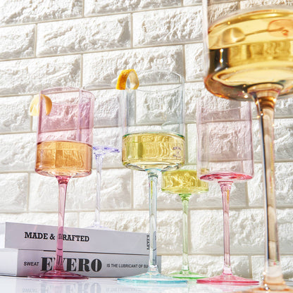 Colored Square Crystal Wine Glasses | 6 Set, 12 OZ