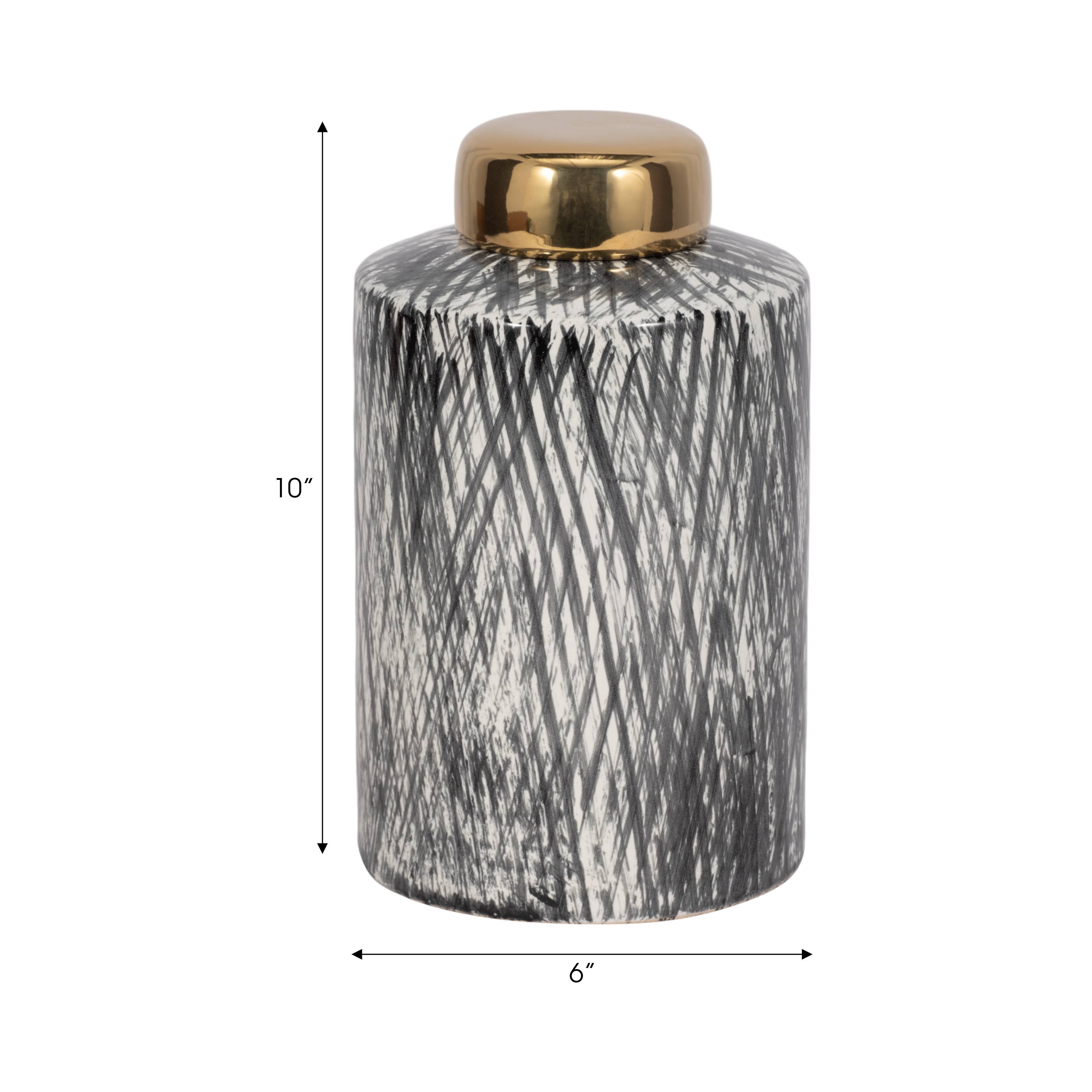 Black/White 10 in. Ceramic Novelty Cross Hatch Ginger Jar - Decor Addict, LLC