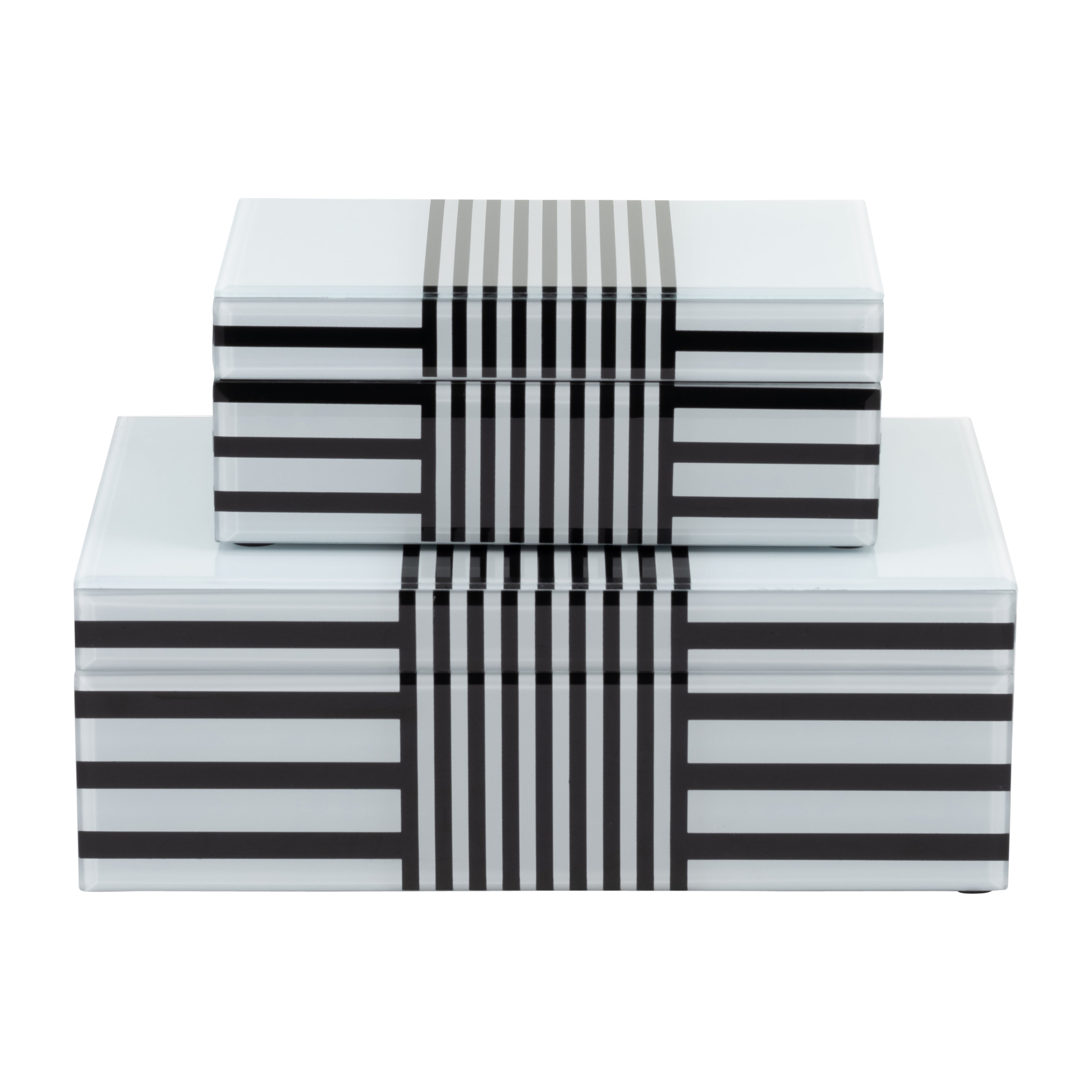 Wood, S/2 8/11" Striped Boxes, Black/white - Decor Addict, LLC