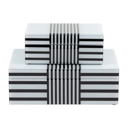 Wood, S/2 8/11" Striped Boxes, Black/white - Decor Addict, LLC
