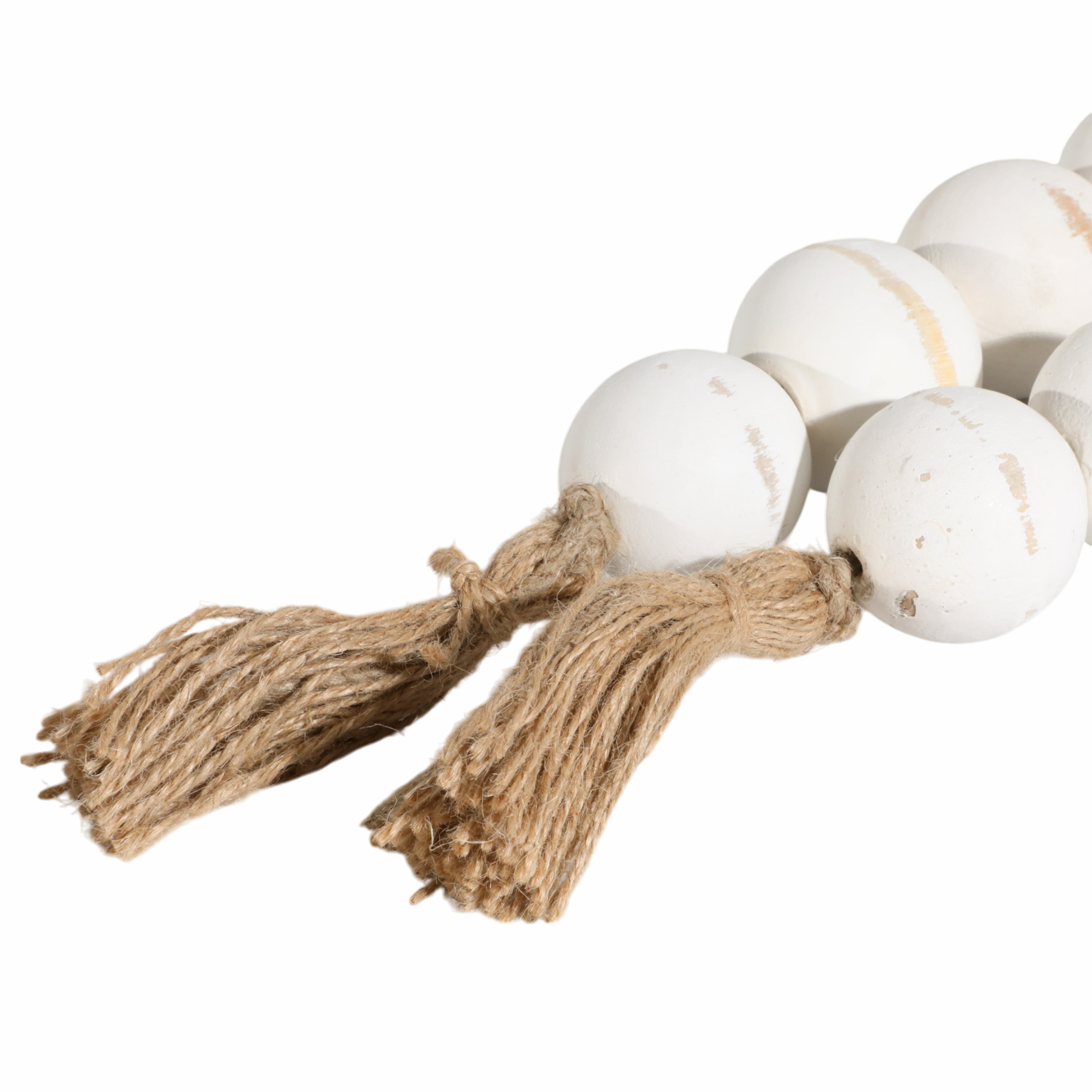 Wood, 32"l, 2"lrg Bead Garland W/ Tassel, Wht Wash - Decor Addict, LLC