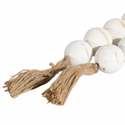 Wood, 32"l, 2"lrg Bead Garland W/ Tassel, Wht Wash - Decor Addict, LLC