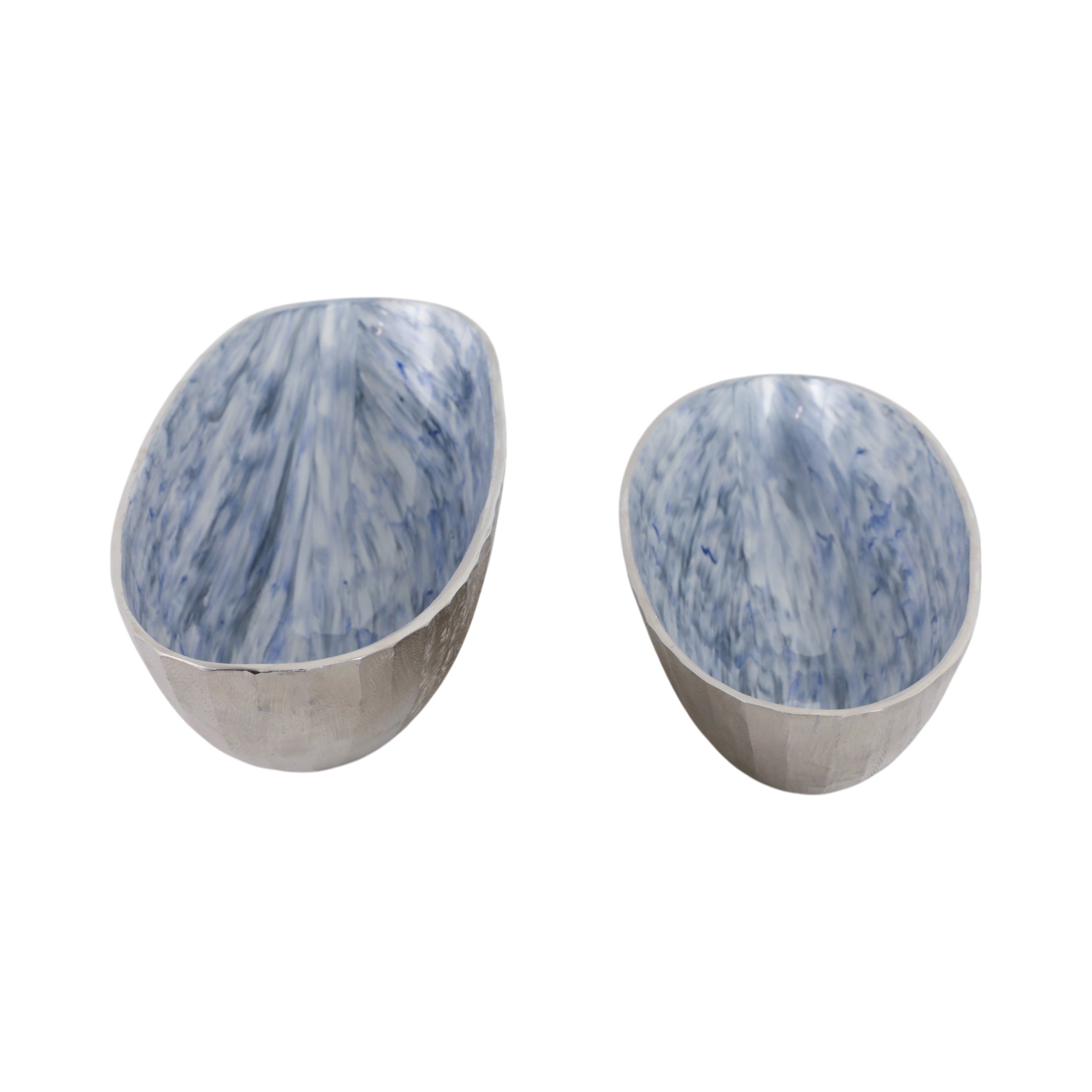 S/2 20/23" Oval Metal Bowl W/ Enamel,light Blu/sil - Decor Addict, LLC