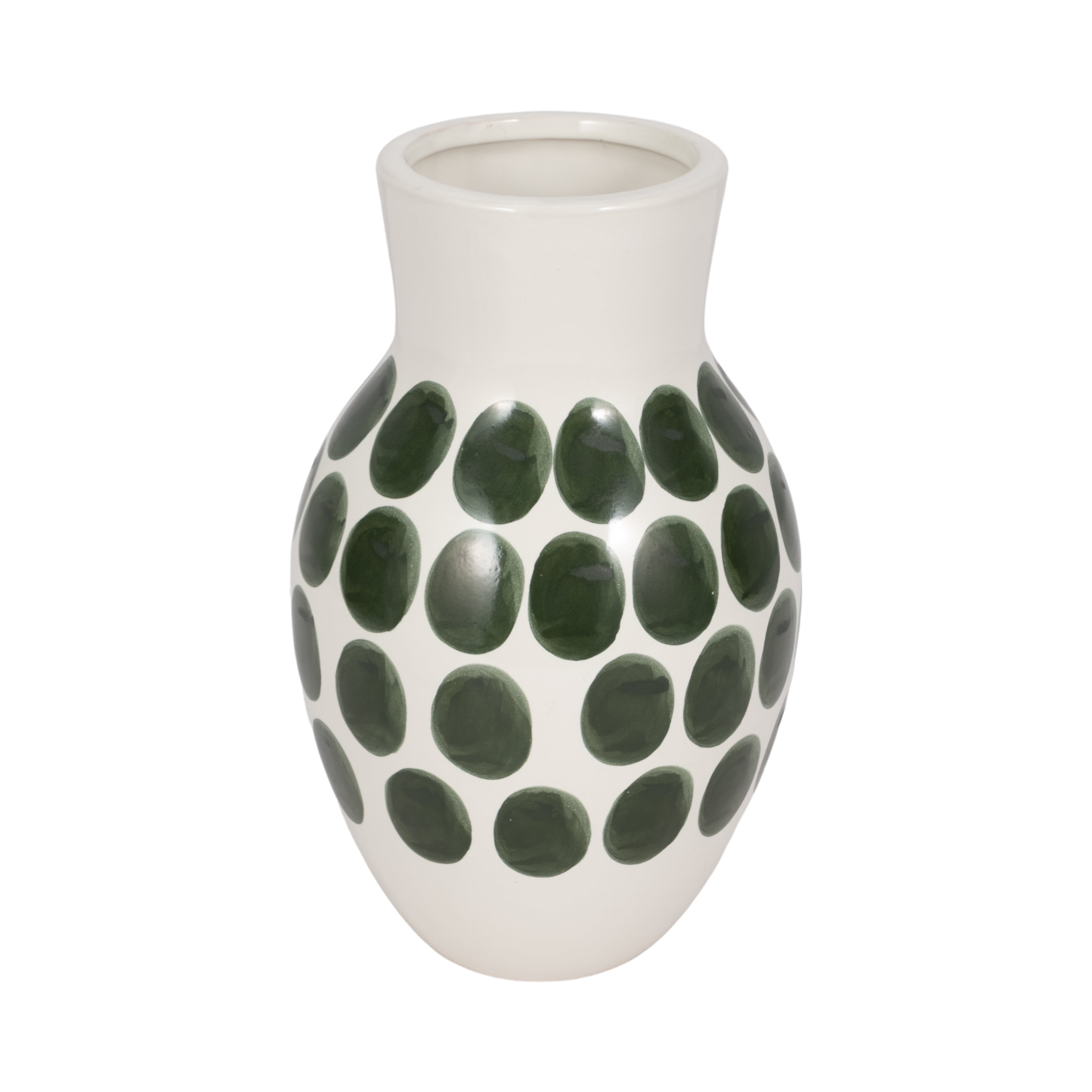 Cer, 10"h Forest Green Polk-a-dot Flower Vase,wht - Decor Addict, LLC