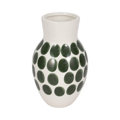 Cer, 10"h Forest Green Polk-a-dot Flower Vase,wht - Decor Addict, LLC