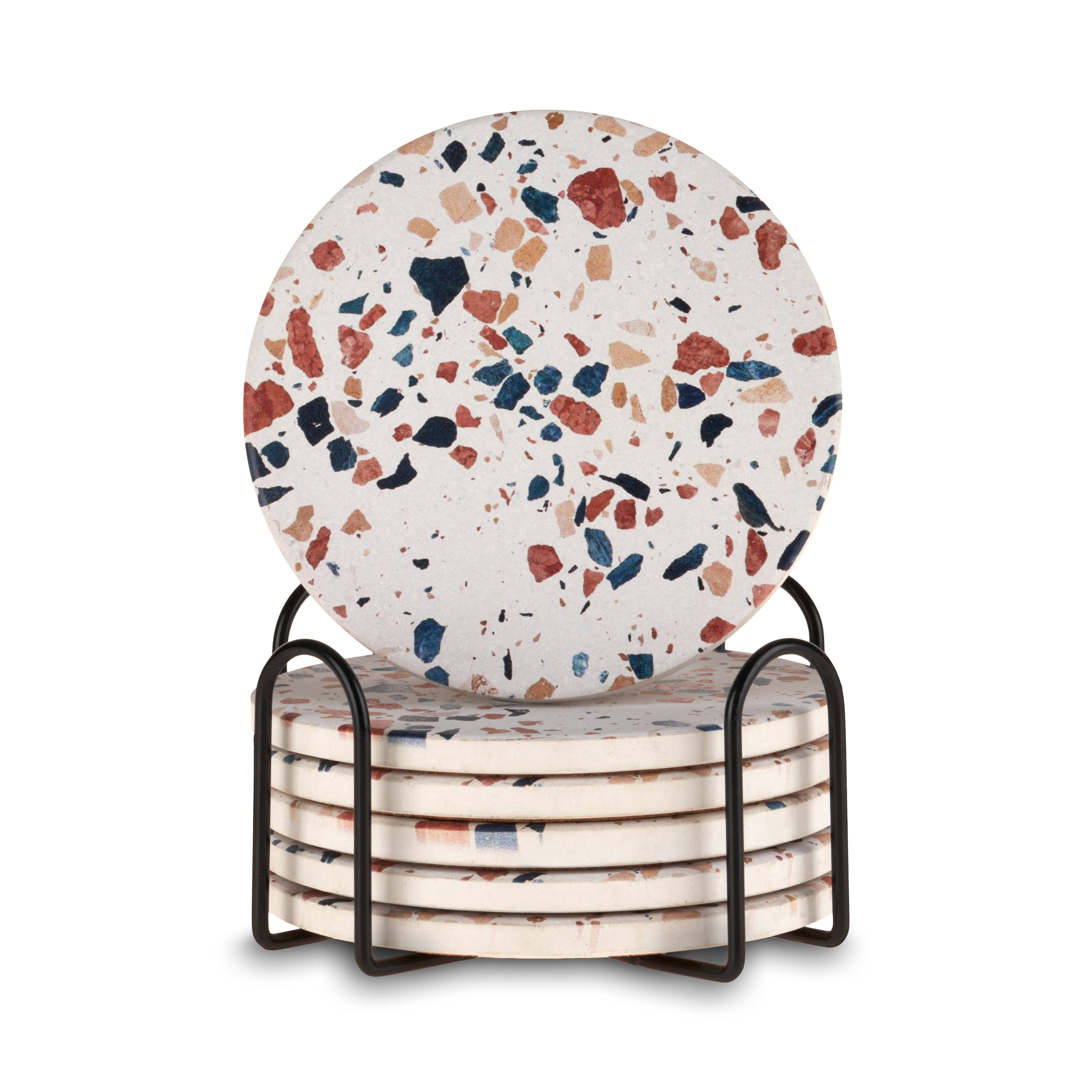 Terrazzo Pattern White Stoneware Coasters w/ Stand -Set of 4 - Decor Addict, LLC