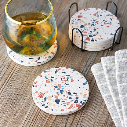 Terrazzo Pattern White Stoneware Coasters w/ Stand -Set of 4 - Decor Addict, LLC