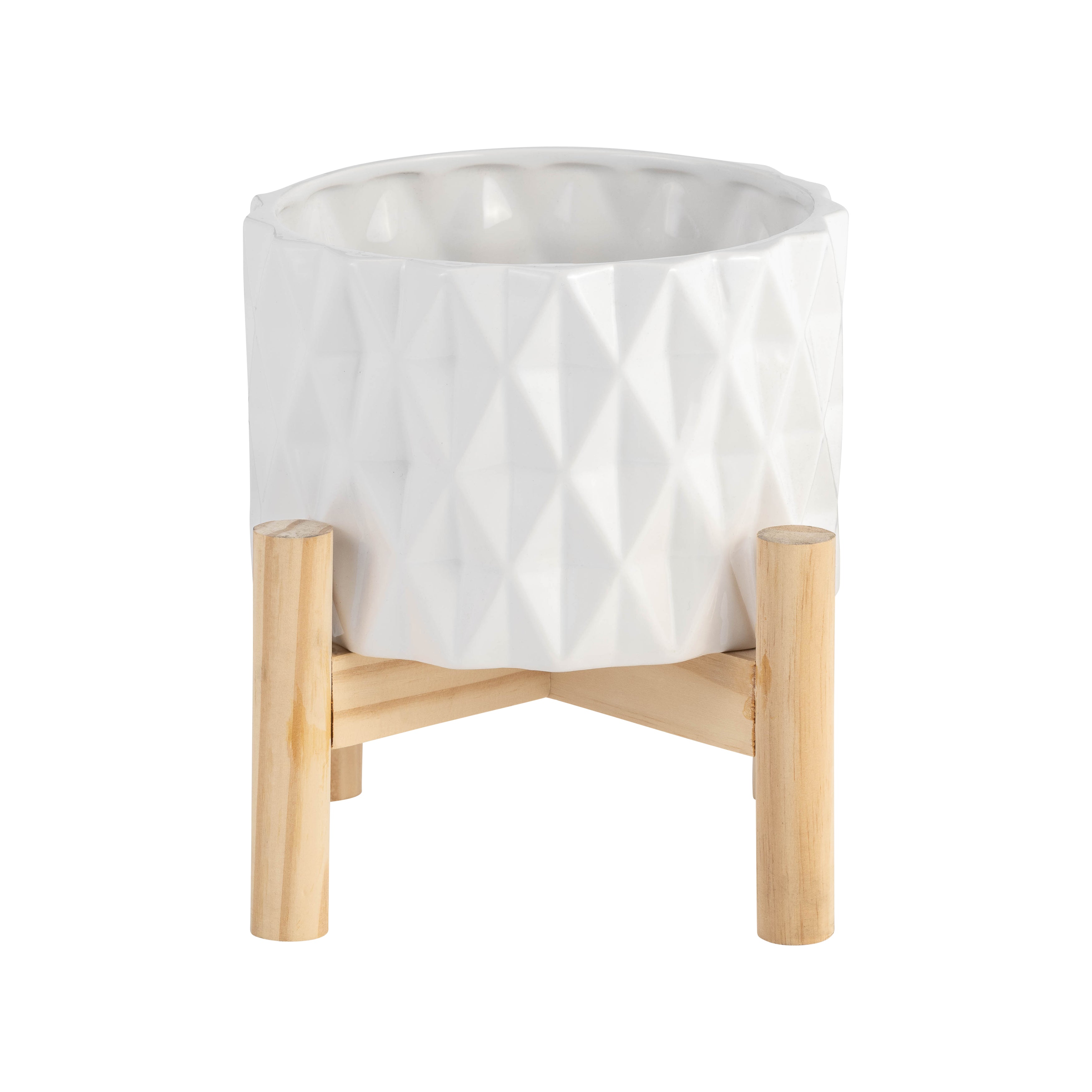 6" Ceramic Diamond Planter W/ Wood Stand, White - Decor Addict, LLC